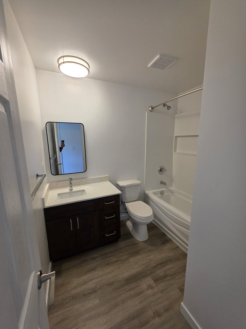 Salle de bain avec vanité grise, dessus de quartz et baignoire