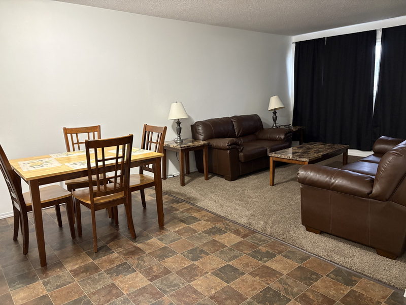 Furnished living and dining area with table and seating