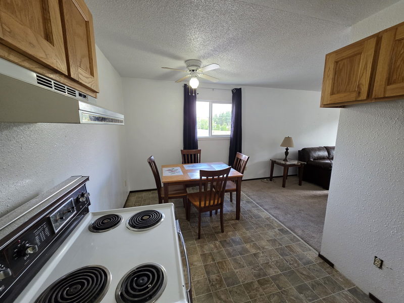 Furnished kitchen with dining table and appliances
