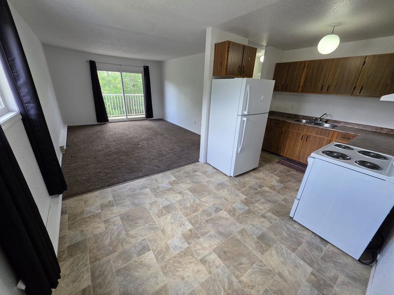 Kitchen with full-size fridge and range beside the living room