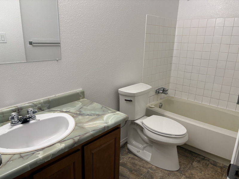 Bathroom with vanity, mirror and bathtub